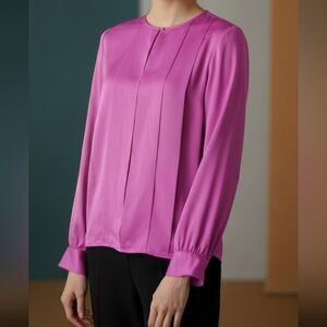 Vtg Nordstrom Shimmer Pink layered pleated vertical long sleeve cuff blouse